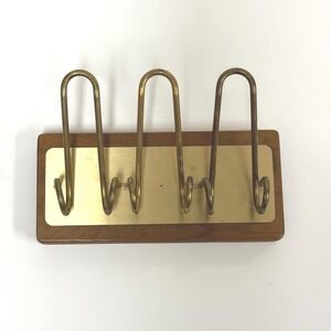 Vintage brass and wood pipe stand- hook storage rack